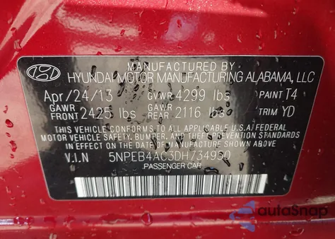 2013 Hyundai Sonata Gls z USA, uszkodzony, nr VIN 5NPEB4AC3DH734950